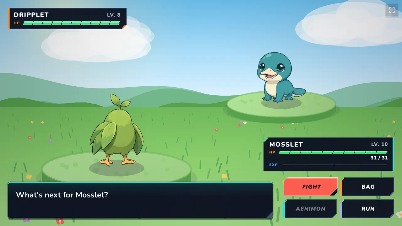 A battle between Mosslet and a wild Dripplet