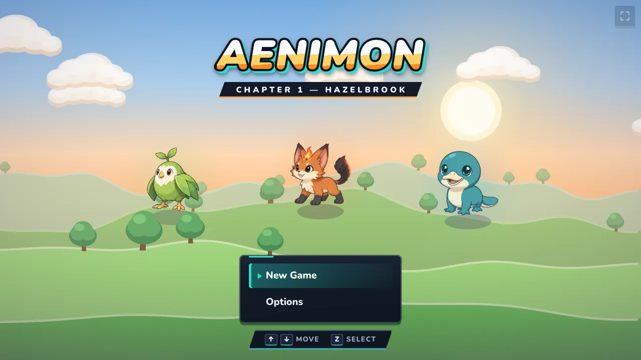 Aenimon title screen with three young Aenimon on a hill at sunrise