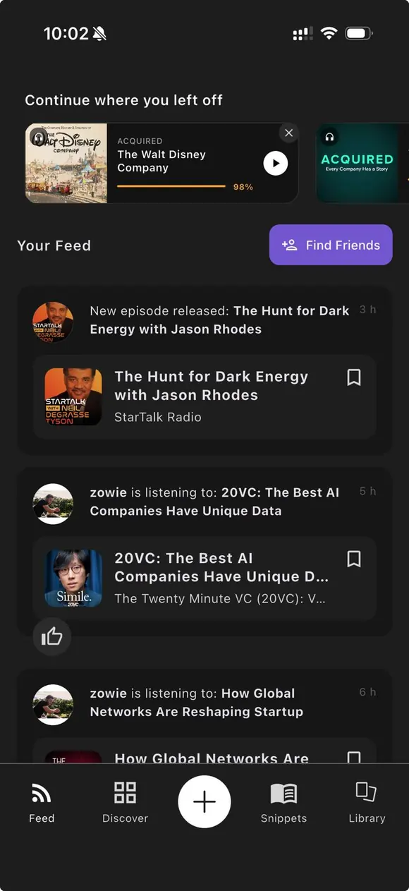 The feed, showing new episodes and what friends are listening to