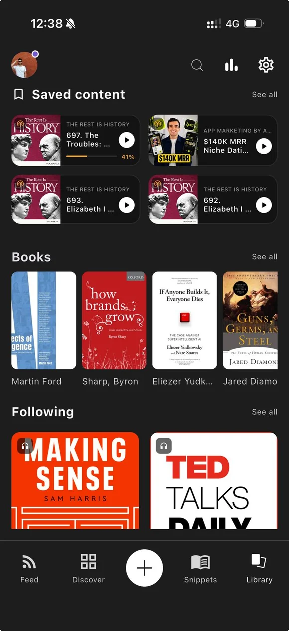 The Integrate library: saved podcast episodes, books and followed shows