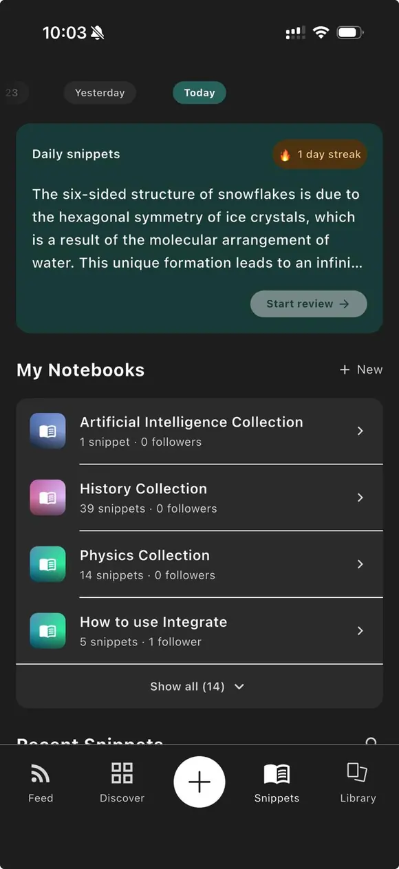 A daily snippets review card above a list of notebooks